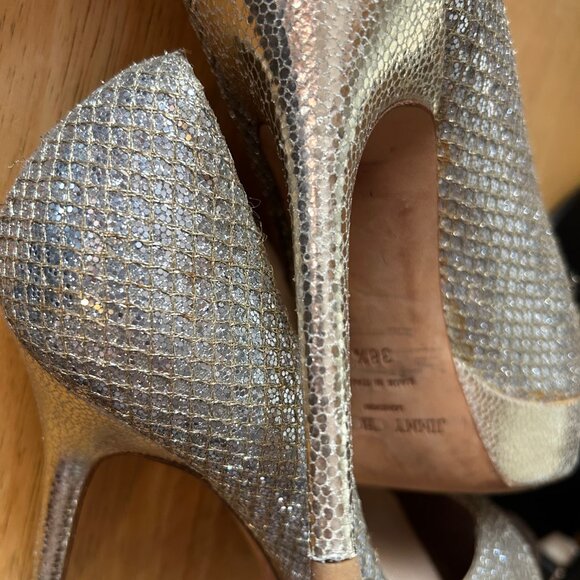 Jimmy Choo Silver Gold Luna Metallic Peep Toe Platform Heels Pumps 38.5 US/8.5 - Picture 12 of 14